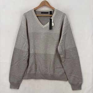 Perry Ellis Sweater Mens 2XL Oatmeal Heather Principles V Neck Wool Blend Casual